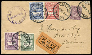 1925-35 group 30 May 1925 Cape Town - Durban flown cover franked with a full set of 1925 airmail stamps; Imperial Airways 1st flight covers (8 incl. intermediates). Plus 28 Jan.1932 Bulawayo - N'Dola Southern Rhodesia 1st flight cover, 6 Jun.1937 Dar es S