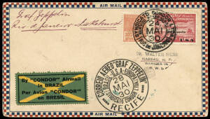 Zeppelin covers, some on annotated pages, with 1925 Lakehurst - Bermuda & return, 3 flown USS Los Angeles covers; May 1930 Rio de Janeiro - Recife flown cover with Condor vignette & franked with 10.000reis o'ptd Zeppelin; 1936 group of 7 incl. Oct.1936 co