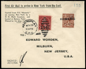 25 Nov.1926 Ship to shore catapult flight cover from the S.S. Homeric, piloted & initialled by Alan Cobham. With printed "First Air Mail to arrive in New York from the East" and numbered '155'. Fine.