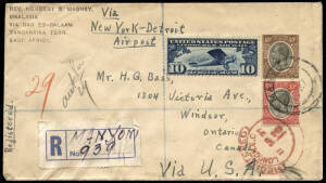 Combination franking pair with 16 Aug.1927 registered cover Manyoni, Tanganyika - Ontario Canada, endorsed "Via New York - Detroit Airpost" with USA 10c airmail stamp added in Tanganyika. The English, Canadian & lack of USA cancels suggest the cover went 