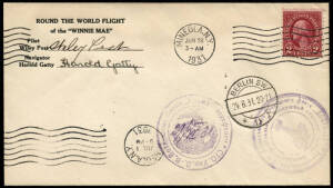 21 Jun.-1 Jul.1931 (AmAMC.1141) Mineola - Mineola, New York 'Round the World' flown cover, Wiley Post pilot and Harold Gatty navigator. Signed by both with German & Russian transit markings and Mineola arrival machine cancel. Very fine.