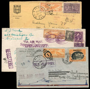 1934-39 group of commercial covers to US destinations bearing the 6d Winged Globe airmail issue singly or in combinations incl. registered and Special Delivery articles, redirected from Phillipines and a cover from the Seattle-Chicago flight which crashed