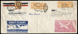 April 1935 Round Trip Survey Flight to Honolulu: San Francisco Apr.16 machine cancel tieing 6c Wings, Honolulu Apr.22 tieing 6c Wings for arrival and San Francisco Apr.23 duplex tieing 6c on return, a nice round trip cover, signed by the pilot, Edwin Musi