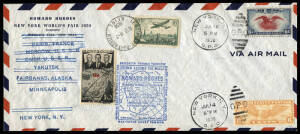 HOWARD HUGHES AROUND THE WORLD FLIGHT: 1938 (July 10) postmark tieing C23 (6c Air) to legal sized envelope specially printed for this flight, carried by Hughes & crew Around the World in less than 92 hours, with stops in Paris (French stamp added), Moscow