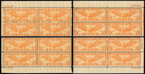 1934 (Sc.C19) 6c orange Winged Globe collection of Plate No. blks of 4 with all numbers represented. Slight duplication of some blocks.