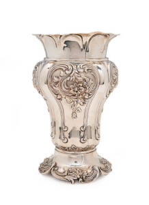 Sterling silver vase with floral repousse decoration, by Walker & Hall of Sheffield circa 1902. 25.5cm