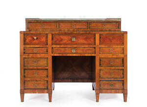 A rare French parquetry and marble top pedestal writing desk, late 18th century