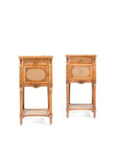 Pair of French bedside tables. Walnut with marble tops & interiors. Height 84cm, width 41cm, depth 39cm