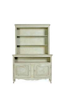 French style kitchen cupboard, grey painted finish on cabriole legs, 20th century. Height 221cm, width 152cm, depth 33cm
