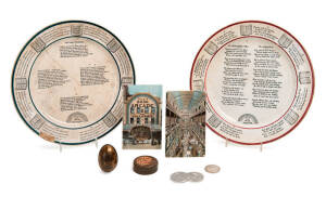 COLE'S BOOK ARCADE: Literary plates (2), egg shaped advertising tin, postcards (2), 3 tokens & circular tin. Late 19th to early 20th century. (9 items)