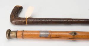 Antique walking sticks. Carved blackwood & a metamorphic stick with silver plaque "Presented To W.Pinnington Esq. By The Members, Portwood Working Men's Club On His Resigning Office As Hon. Treasurer Feb. 17th (18)96". (2 items)
