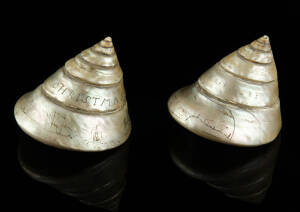 Two sailor engraved shells, 19th century one engraved Toad Miller, dated 1893 the other engraved Marry Christmas 8cm high, 7.5cm wide