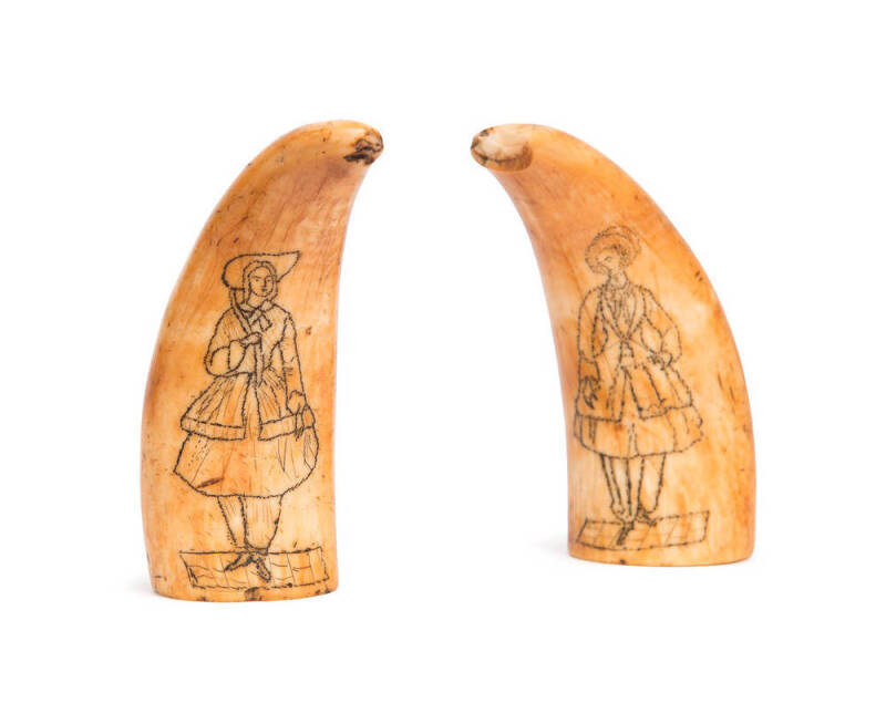 Pair of scrimshaw whales teeth depicting ladies in costume, 19th century. 10.5cm 