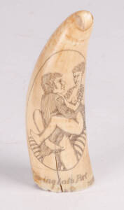 An erotic Scrimshaw whales tooth, "Coming into Port", 19th Centry. 12.5cm long