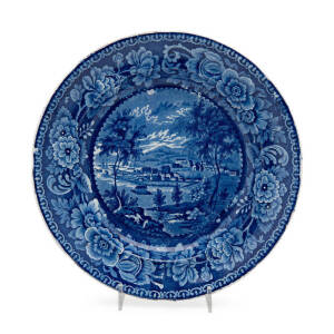 "HOBART TOWN" Circa 1825 Staffordshire earthen ware plate with blue & white transfer pattern. (After) George William Evans who originally published the image as a frontispiece to his book on the colony in 1822. Earliest known depiction of Australia on por