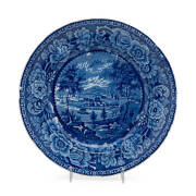 "HOBART TOWN" Circa 1825 Staffordshire earthen ware plate with blue & white transfer pattern. (After) George William Evans who originally published the image as a frontispiece to his book on the colony in 1822. Earliest known depiction of Australia on por