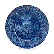 "HOBART TOWN" Circa 1825 Staffordshire earthen ware plate with blue & white transfer pattern. (After) George William Evans who originally published the image as a frontispiece to his book on the colony in 1822. Earliest known depiction of Australia on por