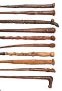 AUSTRALIAN STOCKWHIPS & OTHER CURIOS: Museum standard life-time collection of stockwhip handles, walking sticks & walking stick handles. Predominantly Australian origin ranging from early 19th to mid 20th century. Many fine examples including fiddleback b