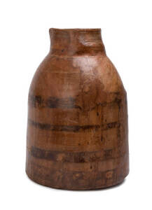 Colonial wooden pouring vessel decorated with bands of ring turnings, 19th century, unknown origin. 36cm