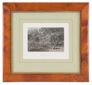 Huon pine picture frame, 19th century with NICHOLAS CHEVALIER etching titled "Mallee Scrub, Victoria". Frame 42 x 39.5cm