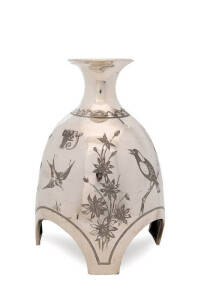 An unusual silver plated vase engraved with waratahs, flannel flowers, parrot, magpie & swallow. Circa 1870s in the Aesethetic movement style. 32.5cm