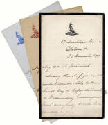 KANGAROO embossed notepaper: March 1875 - Dec.1877 group of (3) letters from Thomas Woods to John Jeremiah; each on notepaper with a kangaroo embossed at top in black, reddish-brown or bright-blue.
