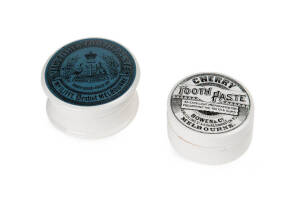 POT LIDS: "Victoria Tooth Paste, Mr Iliffe Dentist Melbourne" emblazoned with coat of arms (8cm); "Cherry Tooth Paste, Bowen & Co. Melbourne" (6.5cm). 2 items