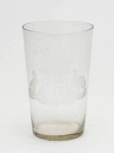 Glass beaker with etched coat of arms "Advance Australia", circa 1888.  Height 13cm