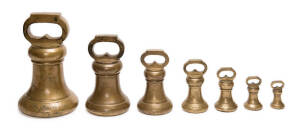 New South Wales Colonial Government weights. This historically significant set of 7 brass weights was used as the official compliance standard for all weights & scales in the colony. Each weight is engraved "SYDNEY NEW SOUTH WALES 1850" & again with a ser