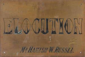 Two antique brass shop advertising signs; "VIOLIN, PIANO, Mr Hamish W. Russel. Winchfield & Hermann 397 Lonsdale St", & "ELOCUTION. Mr Hamish W.Russel". 45 x 30cm each