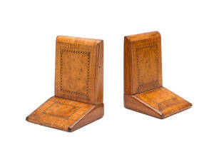 BOOKENDS: Pair in fiddleback blackwood & burl myrtle with barber pole string inlay. Height 14cm