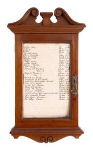 Wall cabinet, cedar & glass with early 20th century telephone list. Height 44cm, width 25cm