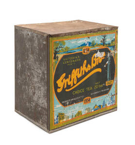 GRIFFITHS BROS. Tea tin "Victoria's Centenary 1834-1934 Choice Tea 20lb". Lithograph view of Melbourne skyline, rare in this 20lb large size.