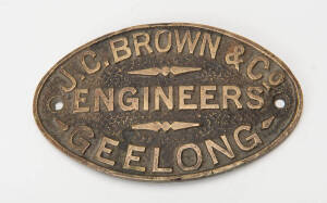 Brass oval company plaque "J.C.Brown & Co. Engineers. Geelong" c1930s. 14 x 9cm