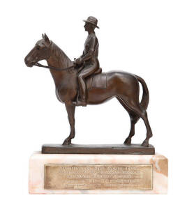 Australian Film Award 1946 "Presented by the Victorian Branch of The Royal Empire Society Awarded to THE OVERLANDERS Produced by Ealing Studios London". Bronze statue by Stanley Hammond dated 1947 on marble base with silver plaque. 17cm