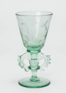 Glass goblet with etched lyrebird, signed H.Hiebl, 20th century. 18cm