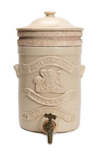 Australian pottery water filter, 19th century with coat of arms & "Whites Dripstone. Advance Australia" applied on the front. With original or period filter. 40cm