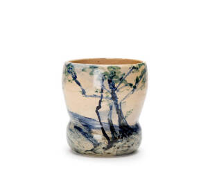 MERRIC BOYD Pottery vase with hand painted landscape scene, incised signature dated 1941. 10cm