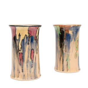 PPP, Premier Pottery Preston: Pair of dribble glazed cylindrical pottery vases with flared rims, early 1930s. 17cm each