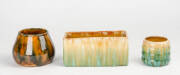 JOHN CAMPBELL Tasmanian pottery flower trough (length 20cm) & 2 vases 10cm & 8cm. (3 items)