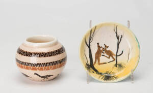 Neil Douglas, AMB (Arthur Merric Boyd) pottery dish with boxing kangaroos (10.5cm); plus Guy Boyd emu vase (7cm)&nbsp;