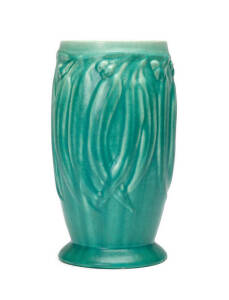 MELROSE pottery green glazed vase with gumnuts & leaves. 24.5cm