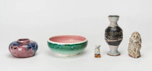 Remains of pottery collection. Arthur Merric Boyd pink & green bowl (diameter 15cm); Harvey school vase (dia. 10cm); Grace Seccombe miniature koala statue (4.5cm); David & Hermia Boyd vase (15cm); Hatton Beck pottery dog (9cm)