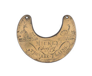Aboriginal breast plate engraved "Mickey Chief Of Trinkee Plains" early cast brass circa 1840s. Width 15cm