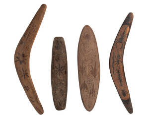 Important group aboriginal tribal artifacts collected by Thomas Phillip Gourlay at Mt Eba on Bon Bon Station South Australia located near the junction of Queensland & the Northern Territory. Early 20th century. Shields (3), boomerangs (8), snake, sword cl