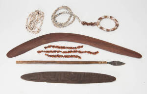 Assorted Aboriginal adornments, boomerang, message stick (40cm) and spear tip. 5 items