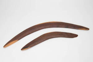 BOOMERANGS: Two mulga wood boomerangs, South Australian origin. 44cm to 67cm.