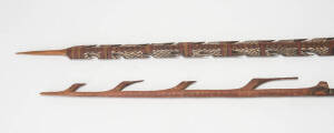 Tiwi Islands painted spear (197cm), Aboriginal barbed spear tip, Northern Territory (56cm), and a painted wooden bust, Arnhemland (18cm). 3 items