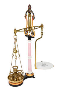 SHARKEY'S pattern balance scales and weights with porcelain tray ex Ballarat greengrocers circa 1850's. 86cm.