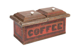 Tinware coffee chest by John Hollway of Ballarat ex Reids Coffee Palace and Montrose cottage collection. Original painted finish and maker's plaque. Height 29cm, width 56cm, depth 31cm.&nbsp;